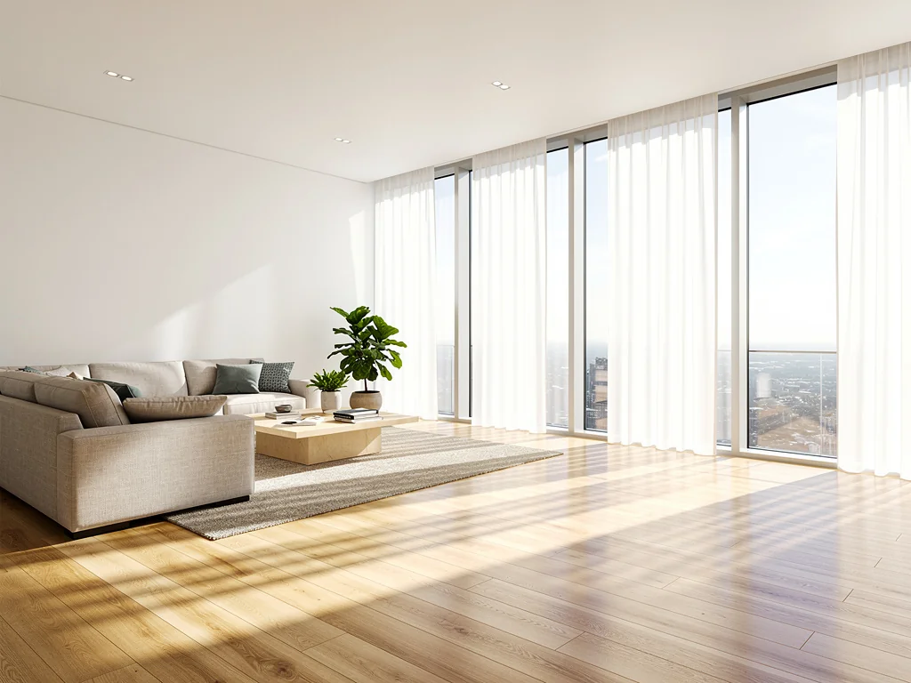 Salon lumineux avec de grandes fenêtres neuves du sol au plafond